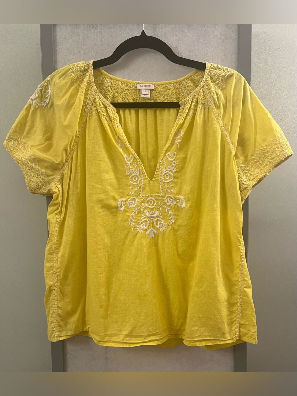 J Crew Peasant Shirt Women's Small Yellow 100% Cotton Embroidered Blouse Top